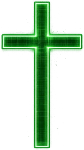 An illuminated cross rendered in green terminal phosphor, glowing against the darkness